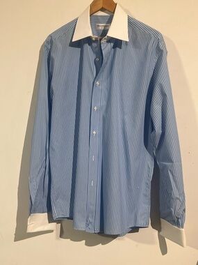 Yves Saint Laurent Blue Pinstripe Dress Shirt with White Contrast Collar